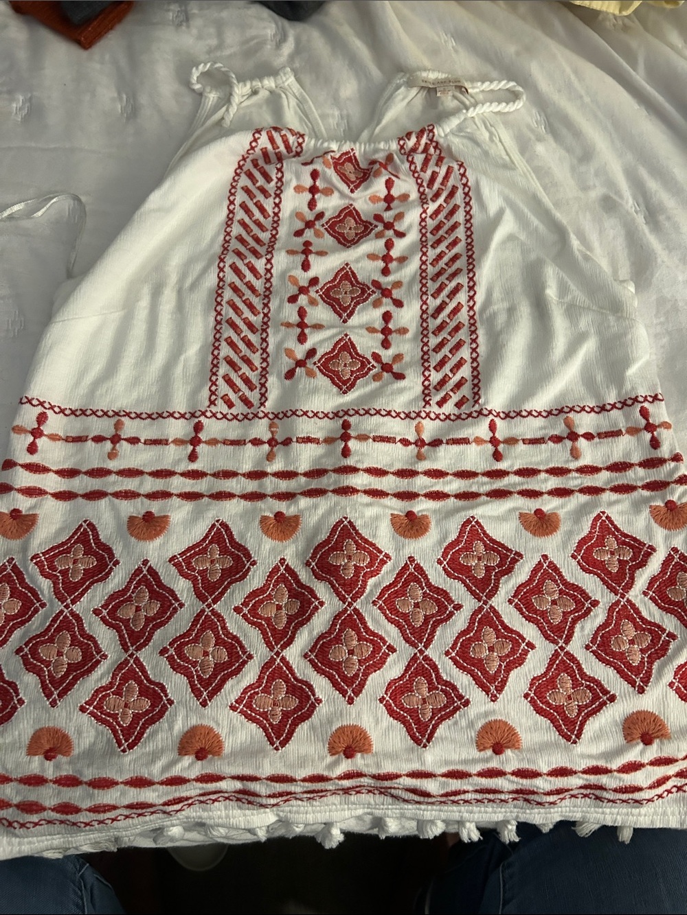 Skies Are Blue White Camisole with Red and Orange Embroidery
